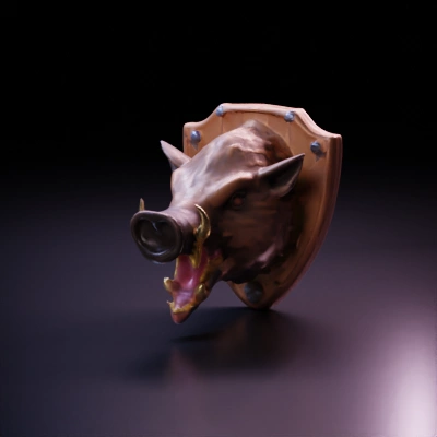 Boar head wall trophy with shield, mounted.