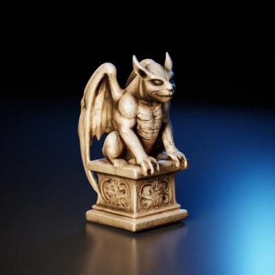 Stone gargoyle statue on decorative pedestal.