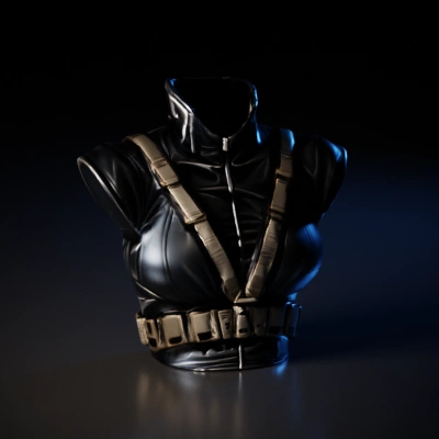 Battle harness with tactical gear, combat attire.