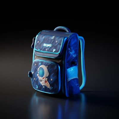 School backpack with astronaut cartoon character, multiple pockets.