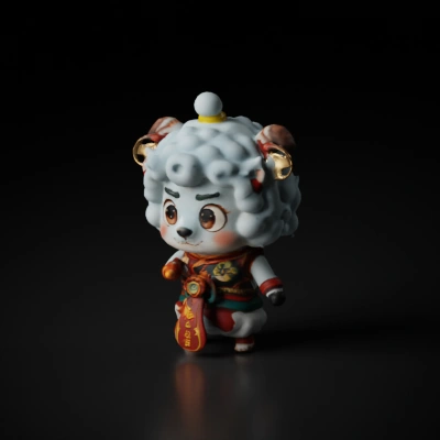 Anthropomorphic ram warrior, traditional costume, cartoon style.