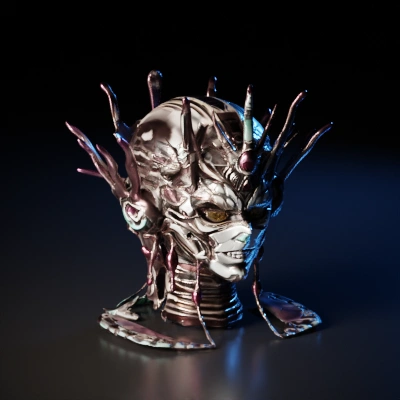 Fierce humanoid figure adorned with intricate metal crown.