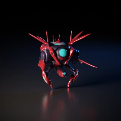 Spider-like robotic drone with glowing blue central eye. ,stylized