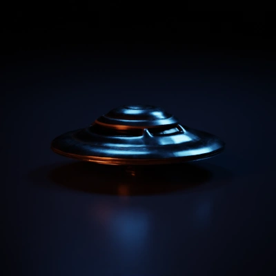 Flying saucer-like spaceship, classic UFO design. symmetrical geometry, high-detail greeble on the bottom