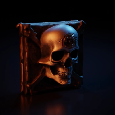 Human skull on square plate with crossbones, medieval design.