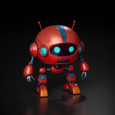 small red robot with glowing eyes.