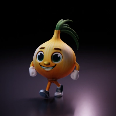 Anthropomorphic onion with briefcase and legs.
