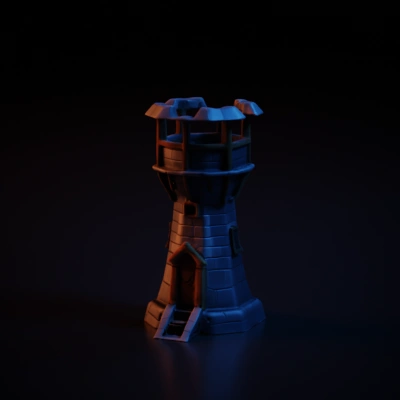 low-poly watchtower, not high, made of stone. cartoon, 5 colors