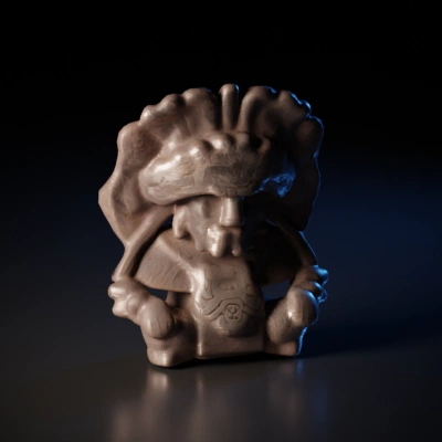 Ancient stone deity statue, intricate carvings, ornamental headdress.