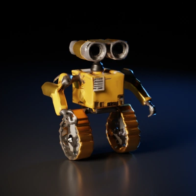 Small robot with tank tracks, binocular-like eyes.