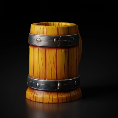 Wooden barrel tankard with handle.