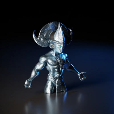 Alien deity with intricate armor and glowing eyes.