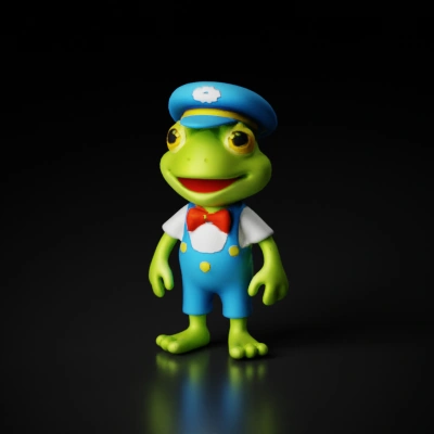 Frog in blue overalls, cartoon character, child-friendly.