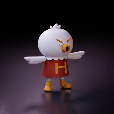 Cartoon bird in red dress.