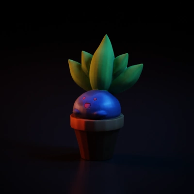 Cartoon plant character with round body, leaves on top.