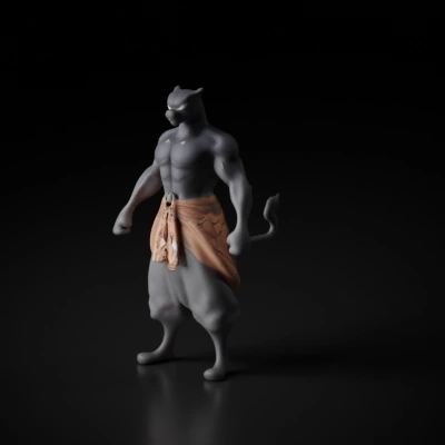 Muscular anthropomorphic panther warrior with traditional clothing and a centered tail. Sleek soft black fur, orange and black fabric.