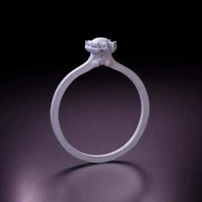 Engagement ring with centralized diamond, ornamental design. symmetric geometry, smooth edges
