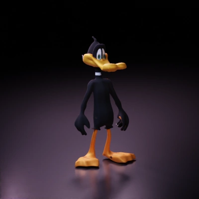 Anthropomorphic cartoon duck with orange bill.