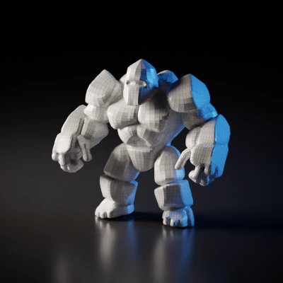 Cobblestone golem with blocky limbs, humanoid shape, defined helmet lines,