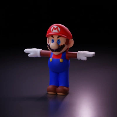 Cartoon character with big mustache, white gloves, blue overalls.