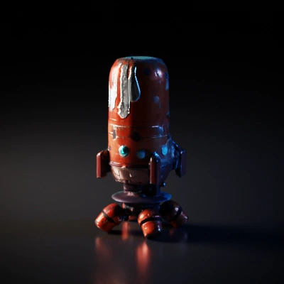 Bullet-shaped robot, sci-fi design, mechanical components.