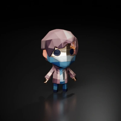 Low-poly humanoid figure, masked face, geometric design. low-poly