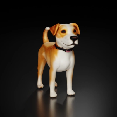 Realistic dog with alert posture, happy expression.