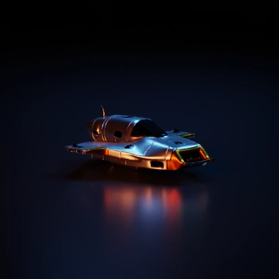 Spaceship with futuristic design, jet engines, and cockpit.