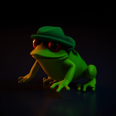 Cartoon frog with hat and big red eyes.