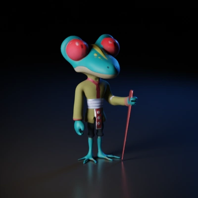 Anthropomorphic frog-like character with a cane.