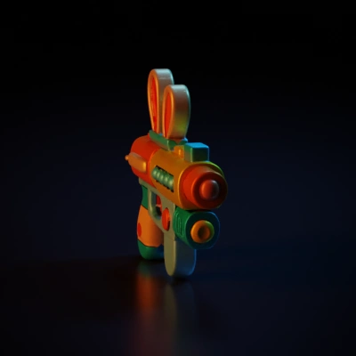 Cartoonish toy gun, exaggerated features, playful design.