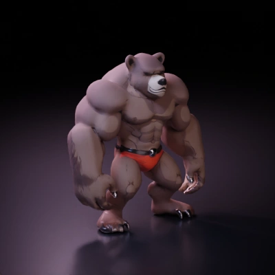 Muscular anthropomorphic bear with red shorts.