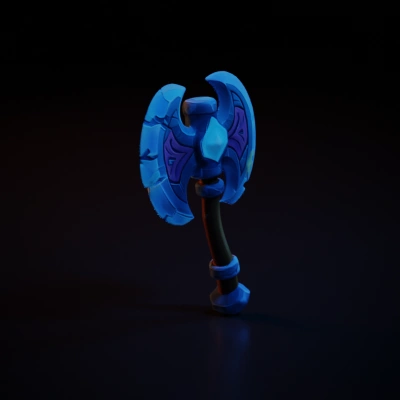 Double-bladed fantasy axe with glowing gem, magical appearance.