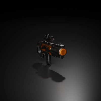 Futuristic rifle with scope, sci-fi design.
