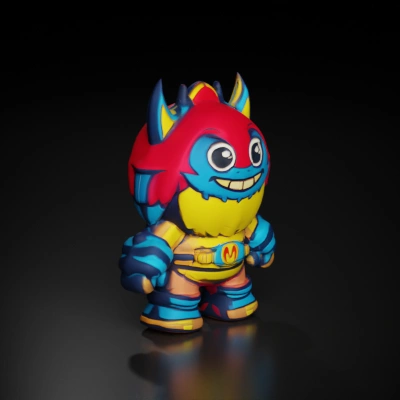 Cartoonish monster character with a hero suit.