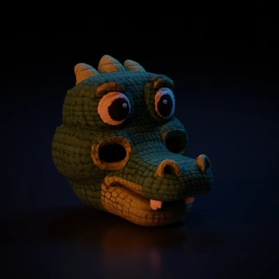 crocheted green dragon head mask.