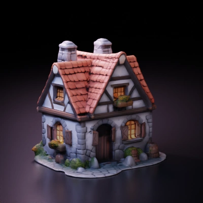 Fantasy cottage with stone and wooden structure.