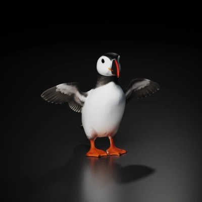 Puffin with wings spread, cartoon-style, 3D model.