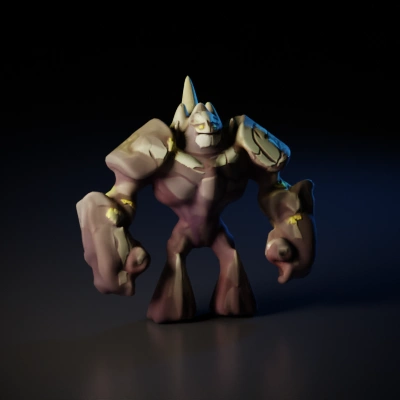 Rock golem with glowing eyes, mystical symbols. with one tail