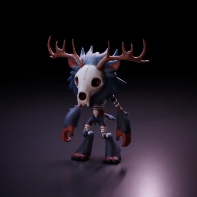 Mythical creature with skull mask, antlers, fur.