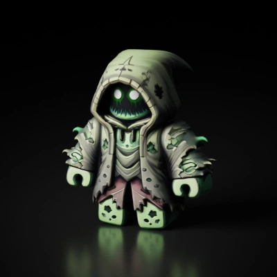 Green hooded character with glowing eyes.