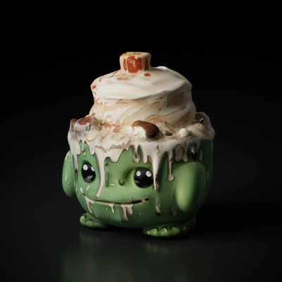 Cute cake-inspired cartoon character, happy expression.