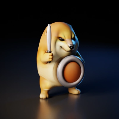Anthropomorphic shiba with knife and shield.