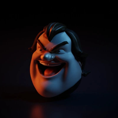 Smiling cartoon character with exaggerated facial features.