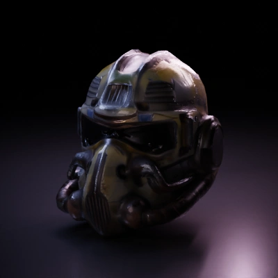 Futuristic, heavily-armored helmet with visor and technology elements.