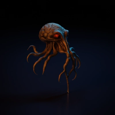 Cthulhu-like creature with tentacles, menacing eyes.