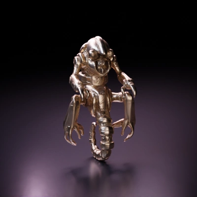 Robotic creature with segmented body and coiled tail.