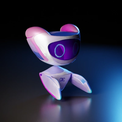 Futuristic robotic character with detached limbs, compact design.