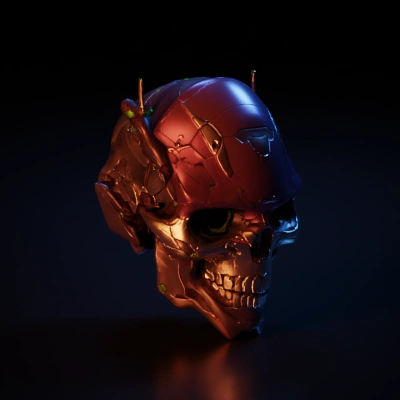 Futuristic robotic skull with exposed mechanics.