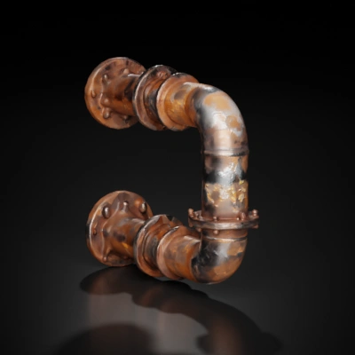 Rusty industrial pipes, elbow joint, corroded surface.